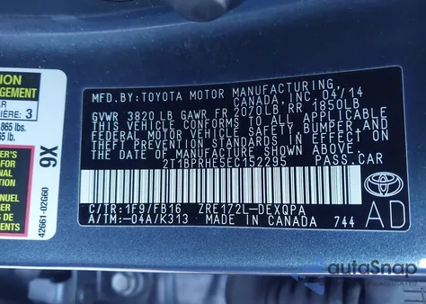 2014 Toyota Corolla Le Eco z USA, uszkodzony, nr VIN 2T1BPRHE5EC152295